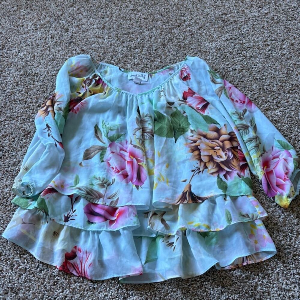 Joseph Ribkoff Floral Overlay Blouse Light Blue Layered Top 3/4 Sleeve sz 10